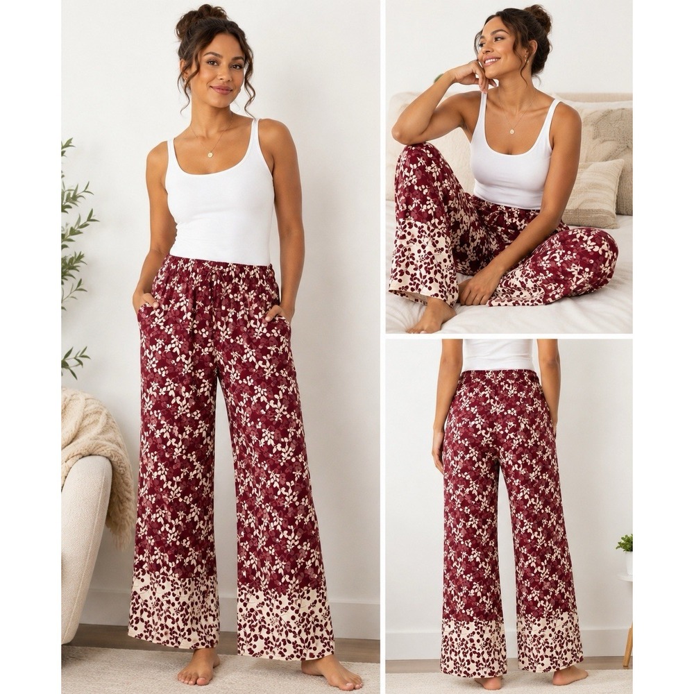 Pact Organic Cotton Sleep Lounge Pants XL Burgundy Floral Pull On Pockets